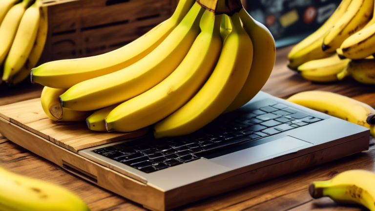 DALL-E Prompt:nA close-up shot of a wooden crate filled with ripe, yellow bananas, with a laptop computer and mouse placed on top of the bananas. The laptop screen displays an online store interface f