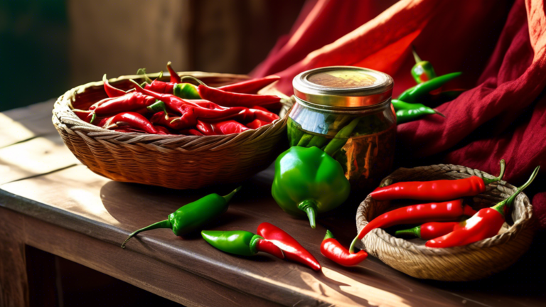 DALL-E Prompt:nA rustic wooden table with a vibrant red cloth, topped with a woven basket overflowing with bright green and red achari chillies. A glass jar filled with pickling spices sits beside the