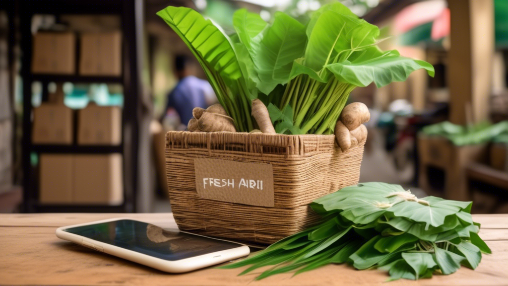 DALL-E Prompt:nA rustic wooden table topped with a woven basket filled with fresh, whole taro roots. The taro roots have light brown, textured skin and are partially covered by vibrant green leaves. I