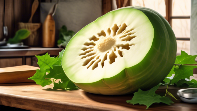 DALL-E Prompt: A vibrant still life featuring a whole ash gourd, also known as winter melon, sliced open to reveal its white flesh, surrounded by fresh green leaves and a wooden cutting board, all set