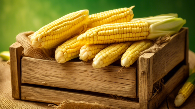 Prompt: A close-up photo of a group of fresh, tender baby corn cobs with their husks partially peeled back, revealing the small, sweet yellow kernels, all nestled in a rustic wooden crate lined with b