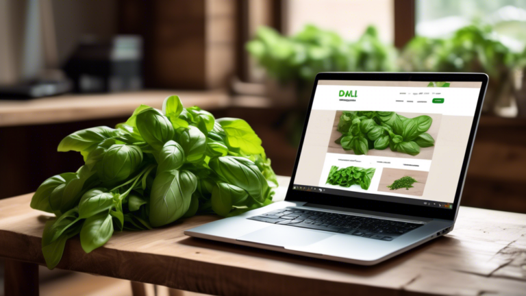 DALL-E Prompt:nA rustic wooden table topped with a bouquet of vibrant green basil leaves, their stems tied together with twine. Beside the basil is an open laptop computer displaying an online grocery