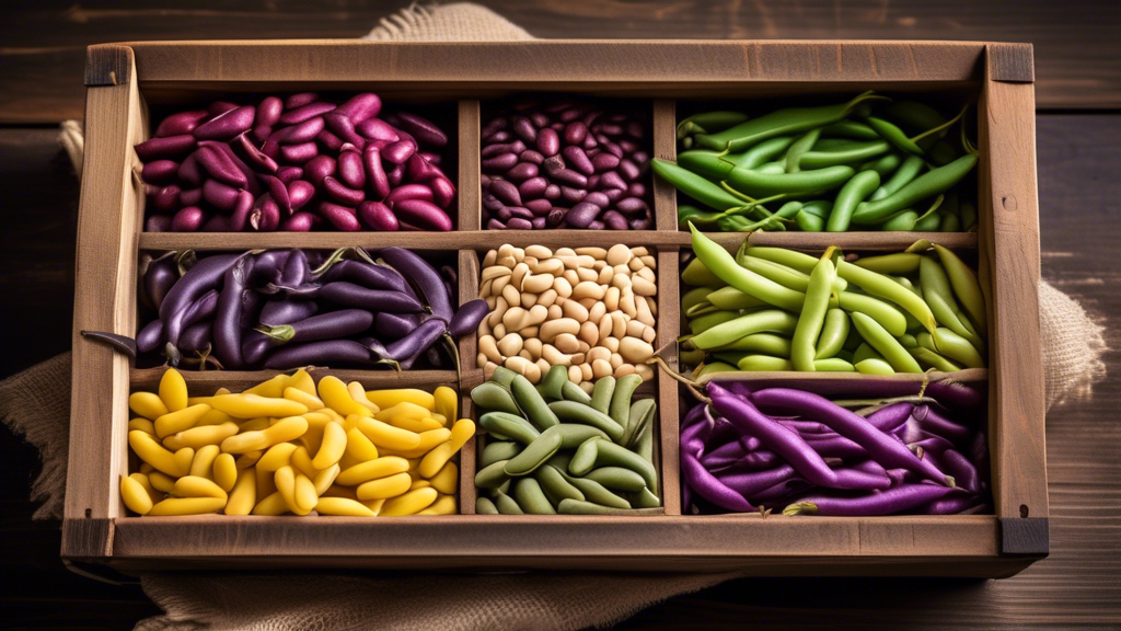 DALL-E Prompt: A variety of colorful fresh beans, such as green beans, yellow wax beans, and purple beans, neatly arranged in a wooden crate on a rustic table, with a few loose beans scattered around