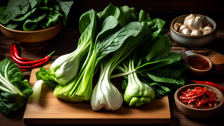 DALL-E Prompt:nA vibrant and appetizing still life featuring a bundle of fresh, crisp bok choy leaves on a rustic wooden cutting board, surrounded by traditional Asian cooking ingredients such as ging