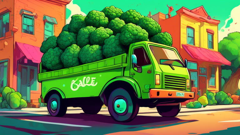 DALL-E Prompt: A delivery truck with a vibrant green broccoli logo on the side, driving through a colorful, cartoon-style neighborhood. The back of the truck is open, revealing crates filled with fres