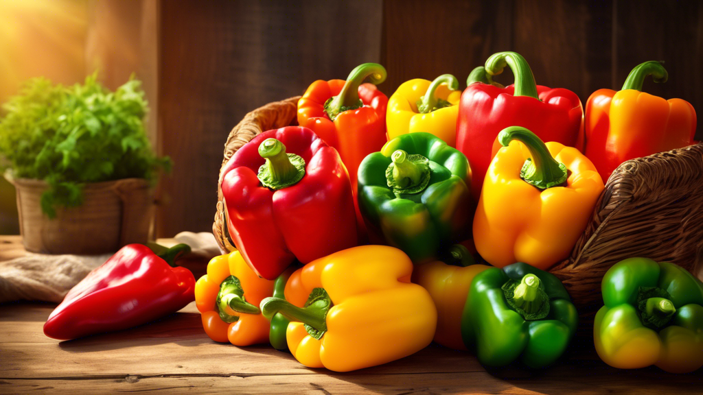 DALL-E prompt: A vibrant still life of fresh, colorful bell peppers in red, yellow, and green, arranged artfully in a woven basket on a rustic wooden table, with a bright, sunny background and a soft