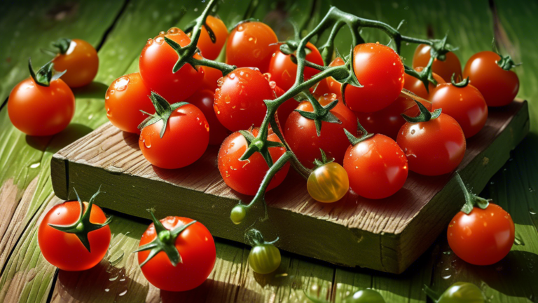 A close-up shot of a handful of vibrant red cherry tomatoes, still attached to green stems, resting on a rustic wooden surface. The tomatoes appear fresh, plump, and glistening with dewdrops, showcasi