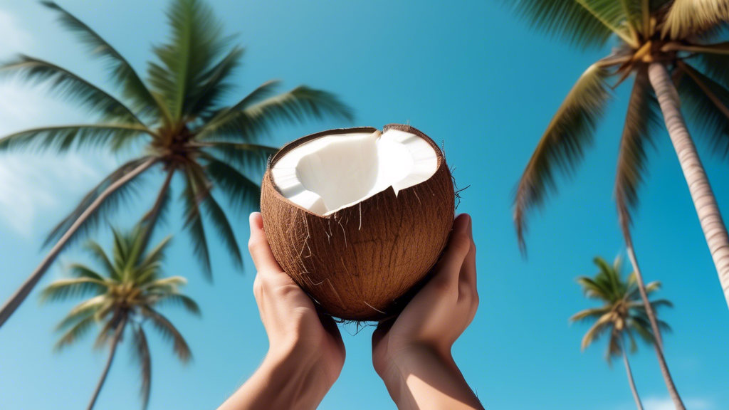 A close-up shot of a person's hands holding a cracked open coconut, revealing the white coconut meat inside. The coconut is set against a vibrant tropical background with palm leaves and a blue sky. B