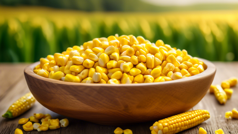 DALL-E Prompt: A close-up view of a wooden bowl filled with vibrant yellow sweet corn kernels, some kernels scattered around the bowl, on a rustic wooden table with a soft focus green cornfield backgr