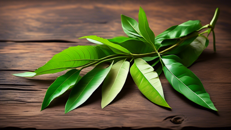 A vibrant green curry leaf sprig with glossy, pointed leaves, photographed on a rustic wooden background. The leaves are fresh and aromatic, ready to add a burst of authentic flavor to Indian curries