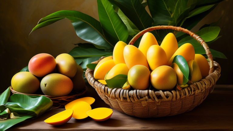 DALL-E Prompt:nA vibrant still life featuring a woven basket overflowing with ripe, golden-yellow Dasheri mangoes, set against a rustic wooden table. A mango is sliced open in the foreground, revealin