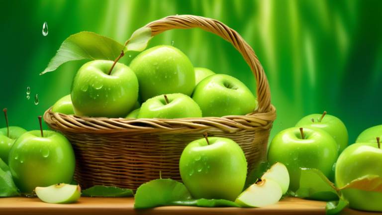 Prompt: A close-up of a hand holding a crisp, shiny green apple, with water droplets on its surface, against a vibrant green background with fresh apple leaves and a wooden basket filled with more lus