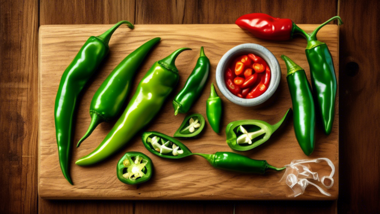 Prompt: A vibrant still life featuring a variety of fresh green chili peppers, including jalapenos, serranos, and poblanos, arranged artfully on a rustic wooden cutting board, alongside a smartphone d