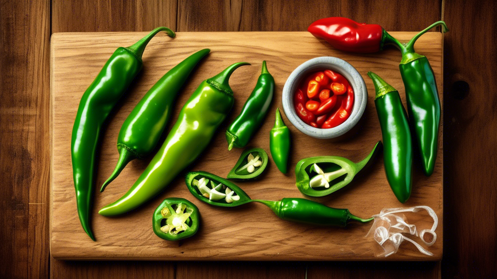 Prompt: A vibrant still life featuring a variety of fresh green chili peppers, including jalapenos, serranos, and poblanos, arranged artfully on a rustic wooden cutting board, alongside a smartphone d