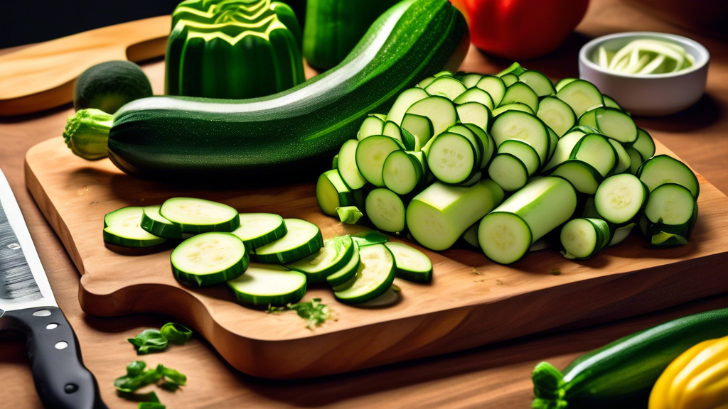 A pile of fresh, vibrant green zucchini on a wooden cutting board, with a knife beside it, ready to be sliced. In the background, there are various dishes made with zucchini, such as zucchini noodles,