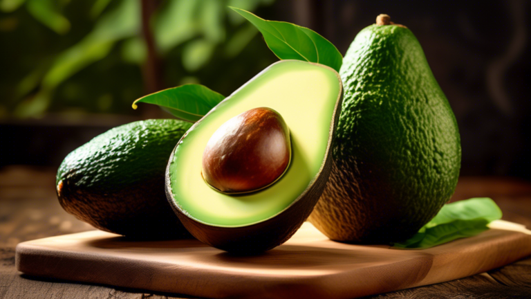 A high-quality photograph of a halved, ripe Indian avocado with creamy green flesh and a large brown seed, presented on a rustic wooden cutting board, surrounded by whole avocados and fresh green leav