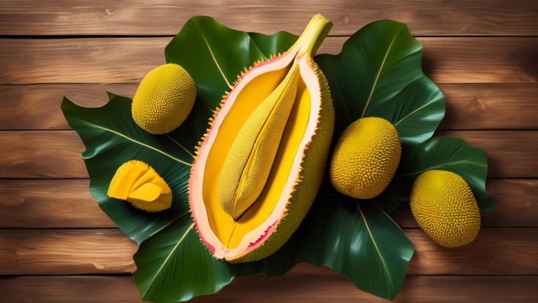 DALL-E Prompt:nA vibrant still life featuring a whole jackfruit and a sliced section revealing its fleshy, yellow pods, set against a rustic wooden background with tropical green leaves scattered arou