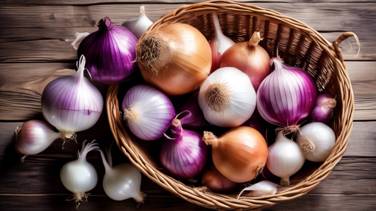 Prompt: A close-up photograph of a wicker basket filled with fresh, whole onions in various shades of white and light purple, set against a rustic wooden table background, showcasing the essential and