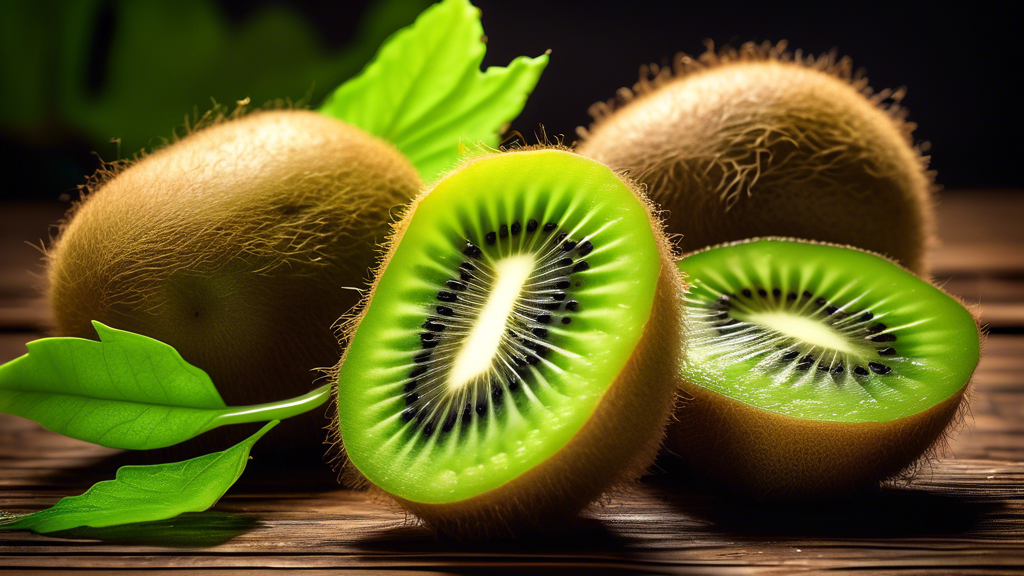 Prompt: A close-up shot of a halved kiwi fruit on a rustic wooden table, with its bright green flesh, black seeds, and fuzzy brown skin in sharp focus. The kiwi is surrounded by whole kiwis and fresh