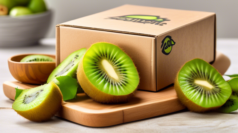 DALL-E Prompt:nA vibrant close-up photo of a sliced green kiwifruit on a wooden cutting board, with a delivery box featuring the Zespri logo in the background, showcasing the tangy and nutritious qual