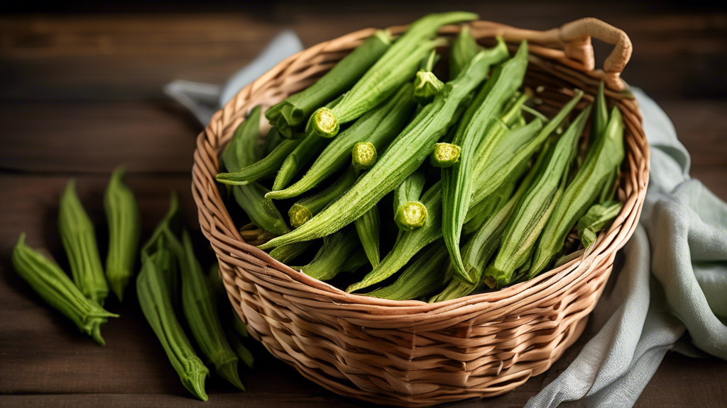 A close-up shot of a woven basket filled with fresh, vibrant green lady fingers (okra) against a rustic wooden background. The okra pods are firm, slender and slightly fuzzy, showcasing their peak fre