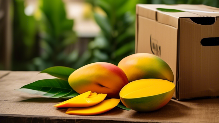 A close-up shot of a vibrant yellow Langra mango, cut in half to reveal its juicy, bright orange flesh. The mango halves are placed on a rustic wooden table, surrounded by a few whole mangoes and fres