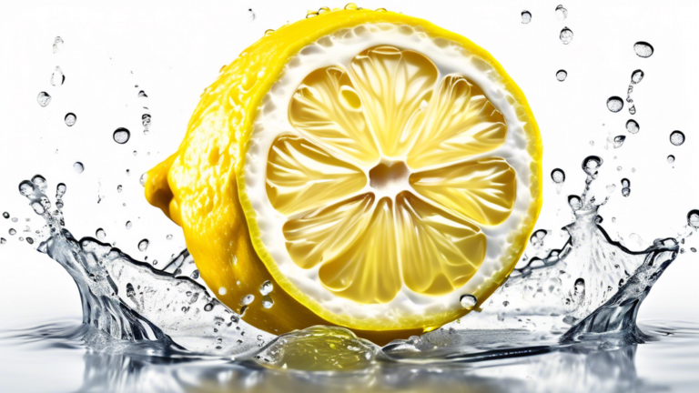 Prompt: A high-resolution product photo of a vibrant yellow lemon, sliced in half to reveal its juicy flesh, set against a bright white background with water droplets on the lemon's surface, conveying