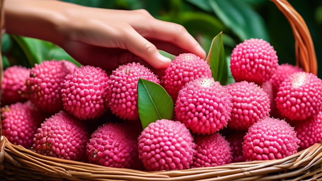 DALL-E Prompt:nA close-up shot of a cluster of ripe, vibrant pink litchis with a green leafy background. The litchis are arranged in a wicker basket, with water droplets on their textured skin, showca