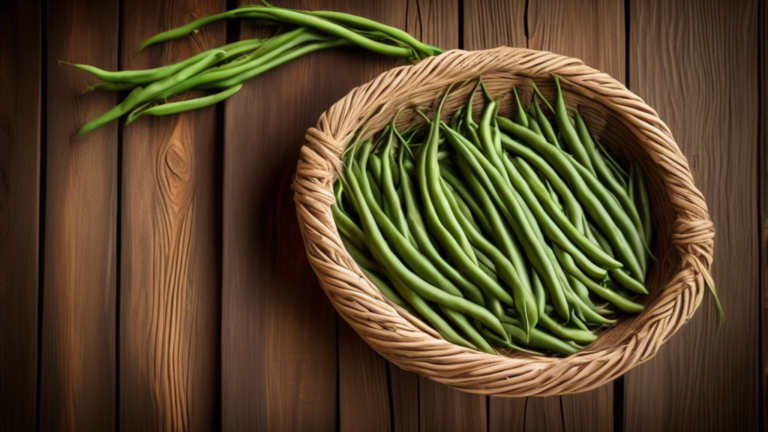 Prompt: A rustic wooden table with a woven basket overflowing with vibrant green yardlong beans, also known as lobia phali, showcasing their slender, elongated shape. The beans are arranged in a natur