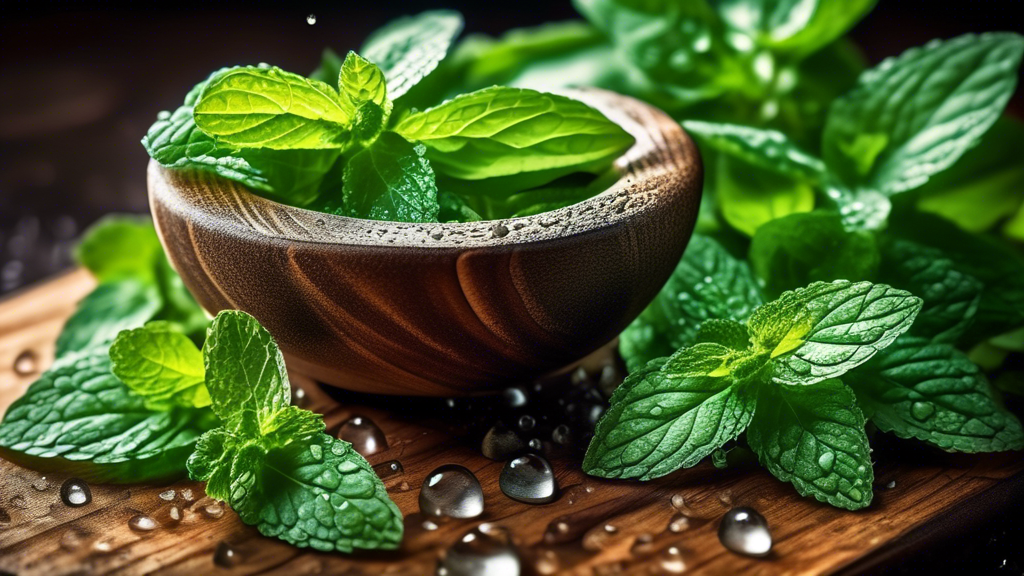 A close-up photo of a bunch of fresh, vibrant green mint leaves, with water droplets glistening on the surface, placed on a rustic wooden cutting board, alongside a mortar and pestle filled with crush