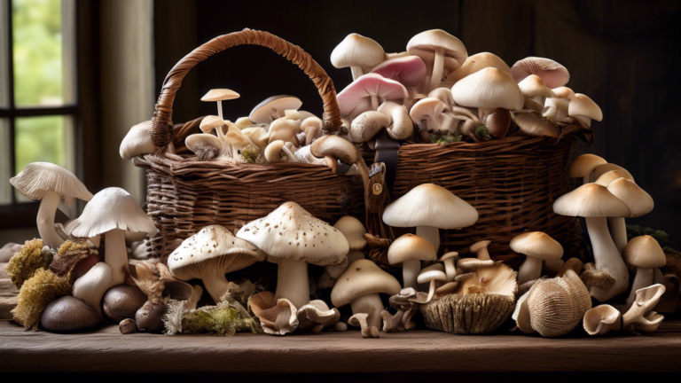 Imagine a rustic wooden table with a wicker basket overflowing with a vibrant assortment of fresh mushrooms. The basket contains a variety of mushroom species, such as plump white button mushrooms, de