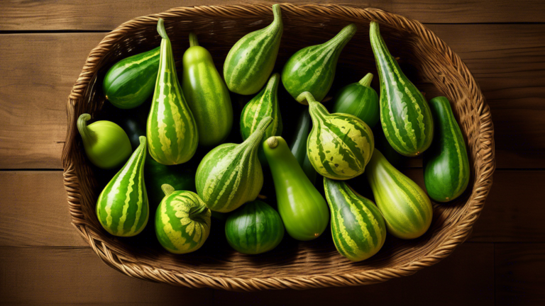 Prompt: A high-resolution, appetizing still life photograph of fresh, vibrant green parwal (pointed gourds) artfully arranged in a woven basket, set against a rustic wooden background, emphasizing the