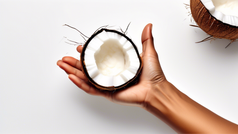 DALL-E Prompt: A close-up shot of a hand holding a halved peeled coconut against a clean, white background, with various coconut-based products like shredded coconut, coconut milk, and coconut water s