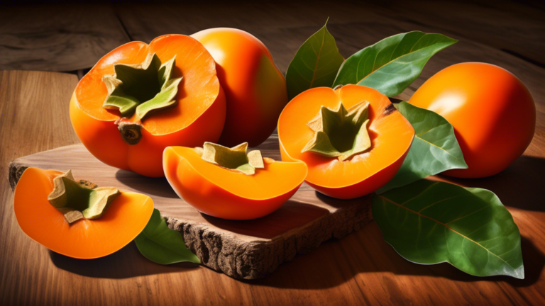 Prompt: A vibrant, ripe persimmon sliced in half, revealing its juicy, orange flesh, surrounded by whole persimmons and green leaves on a rustic wooden table, with soft natural lighting emphasizing th