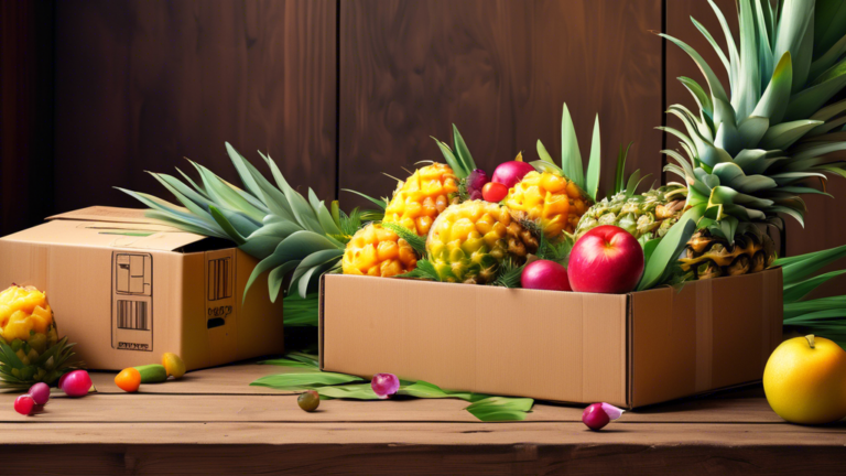 A vibrant, ripe pineapple sitting on a rustic wooden table, with a colorful arrangement of tropical fruits and leaves scattered around it, and a cardboard delivery box in the background, capturing the