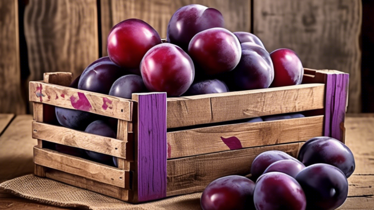 DALL-E Prompt:nA close-up shot of a wooden crate filled with ripe, juicy plums in various shades of purple and red, set against a rustic farmhouse table. A burlap sack with a Fresh Imported Plums labe