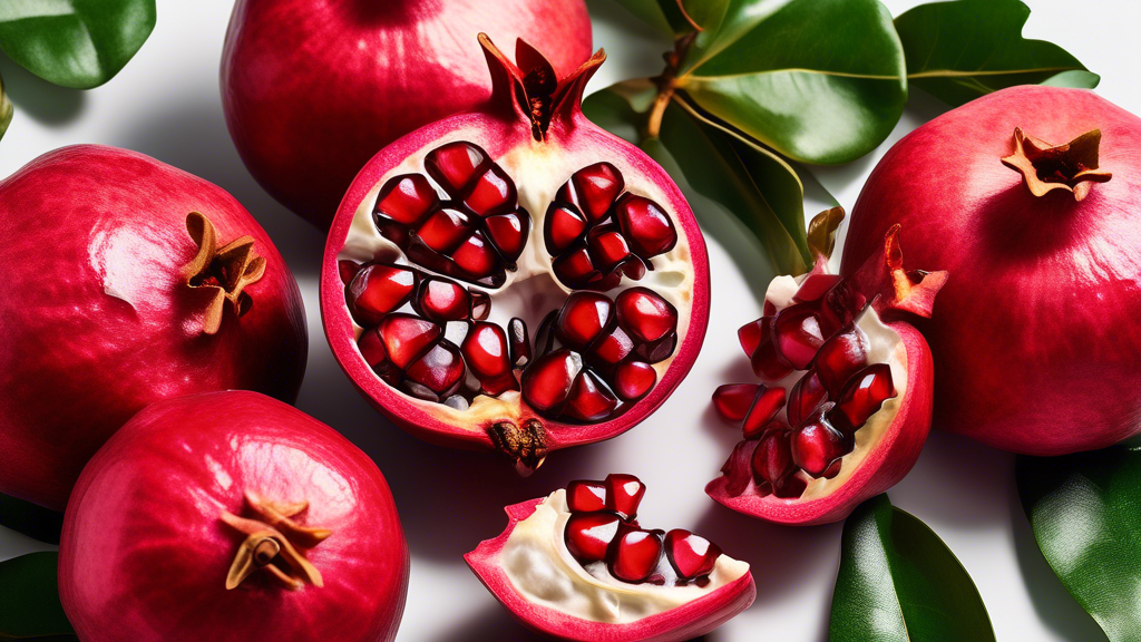 DALL-E Prompt: A close-up shot of a ripe, opened pomegranate revealing vibrant red arils, set against a white background with scattered whole pomegranates and green leaves, showcasing the fruit's fres