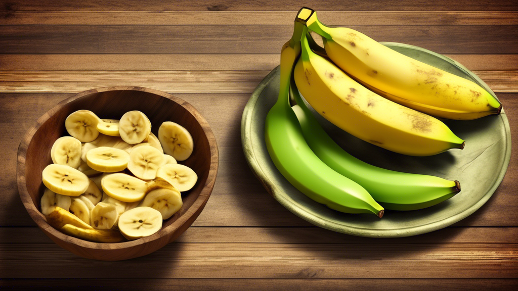 Prompt: A rustic wooden table with a bunch of fresh, green, unripe raw bananas, alongside a knife, a bowl of sliced raw banana, and a plate with various raw banana dishes like chips, curry, and fritte