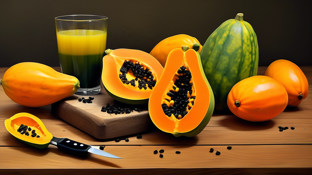 Prompt: A vibrant still life featuring a group of whole, fresh papayas in various stages of ripeness, from green to yellow-orange, arranged on a rustic wooden table alongside a halved papaya revealing