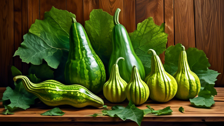 Prompt: A vibrant still life featuring fresh, green ridge gourds arranged artfully on a rustic wooden table, showcasing their unique ridged texture and elongated shape, surrounded by a scattering of g