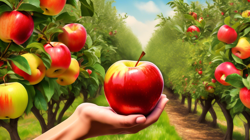 DALL-E Prompt:nA close-up shot of a hand holding a vibrant red and yellow Royal Gala apple, with a backdrop of a lush green apple orchard on a sunny day, conveying the freshness and deliciousness of t