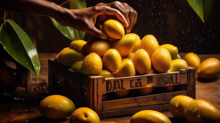 DALL-E Prompt:nA vibrant still life featuring a wooden crate overflowing with ripe, golden Safeda mangoes. The mangoes are glistening with droplets of water, emphasizing their freshness. A hand is rea