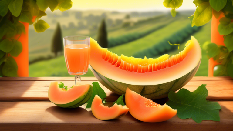 DALL-E prompt: A rustic wooden table topped with a halved Sarda melon, its vibrant orange flesh glistening with juiciness, surrounded by scattered melon slices and green leaves, all set against a warm