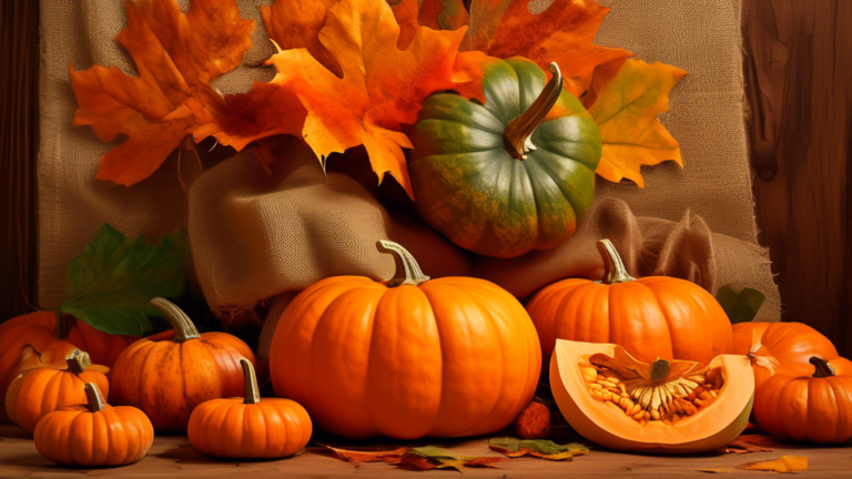 A vibrant still life featuring a halved sitafal pumpkin revealing its bright orange flesh, surrounded by whole sitafal pumpkins of various sizes on a rustic wooden table, with a burlap sack and fresh