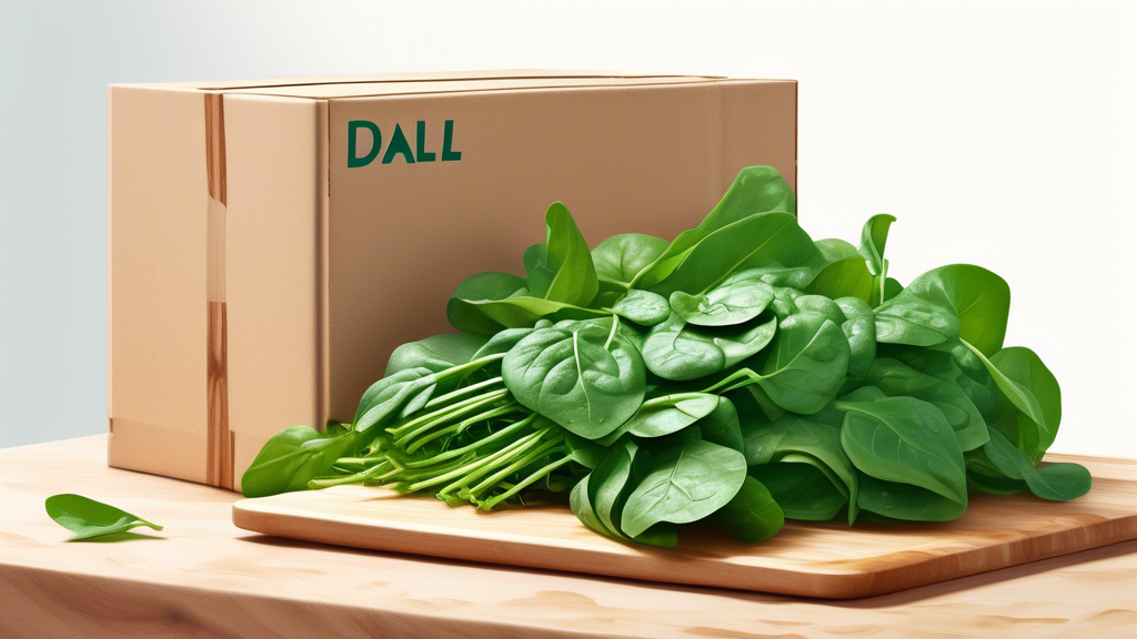 DALL-E Prompt:nA vibrant and fresh bundle of spinach leaves with water droplets, placed on a wooden cutting board, next to a delivery box, all set against a clean, white background.