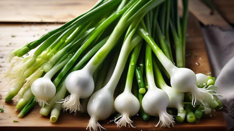 A close-up shot of a vibrant bunch of fresh spring onions, their long green stems and white bulbs glistening with droplets of water, arranged artfully on a rustic wooden cutting board against a bright