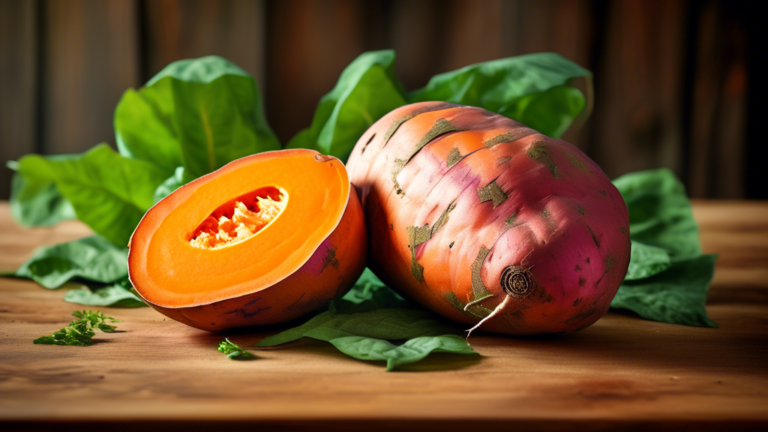 Prompt: A close-up view of a vibrant orange sweet potato cut in half, revealing its bright flesh, sitting on a rustic wooden table surrounded by fresh green leaves, capturing the natural beauty and fr