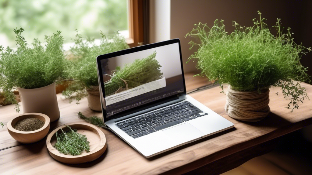 DALL-E Prompt:nA rustic wooden table with a bouquet of fresh green thyme sprigs tied with twine, set against a white background. An open laptop computer sits beside the thyme, displaying an online her