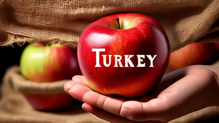 Prompt: A close-up shot of a hand holding a vibrant red apple with a shiny, smooth skin. The apple has a small label attached to its stem, clearly showing the word Turkey printed on it. The background