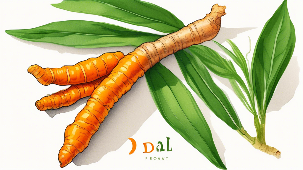 DALL-E prompt: A close-up view of a vibrant orange turmeric root with its green stalks and leaves, set against a clean white background, showcasing the raw, natural beauty and freshness of the spice.